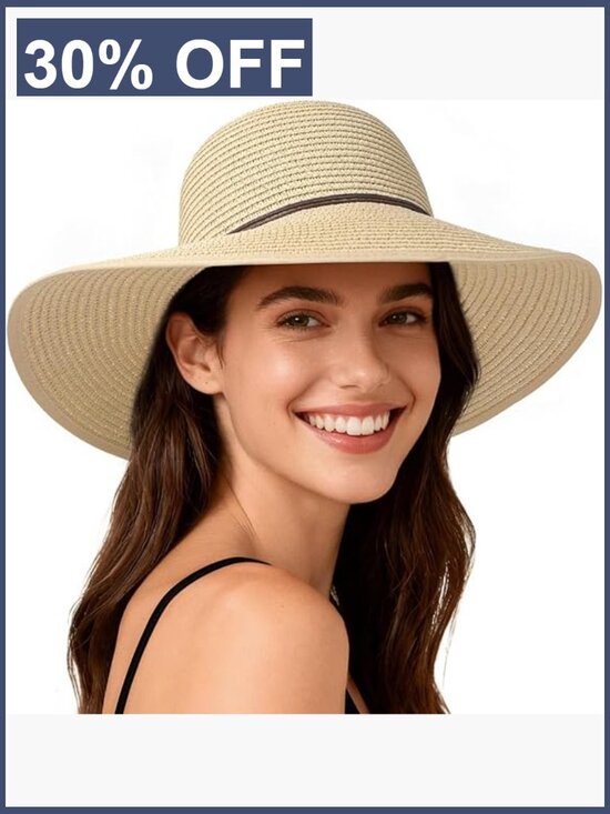 Women UPF 50+ Wide Brim Straw Sun Hat Beach Summer Travel Adjustable Packable main image 4